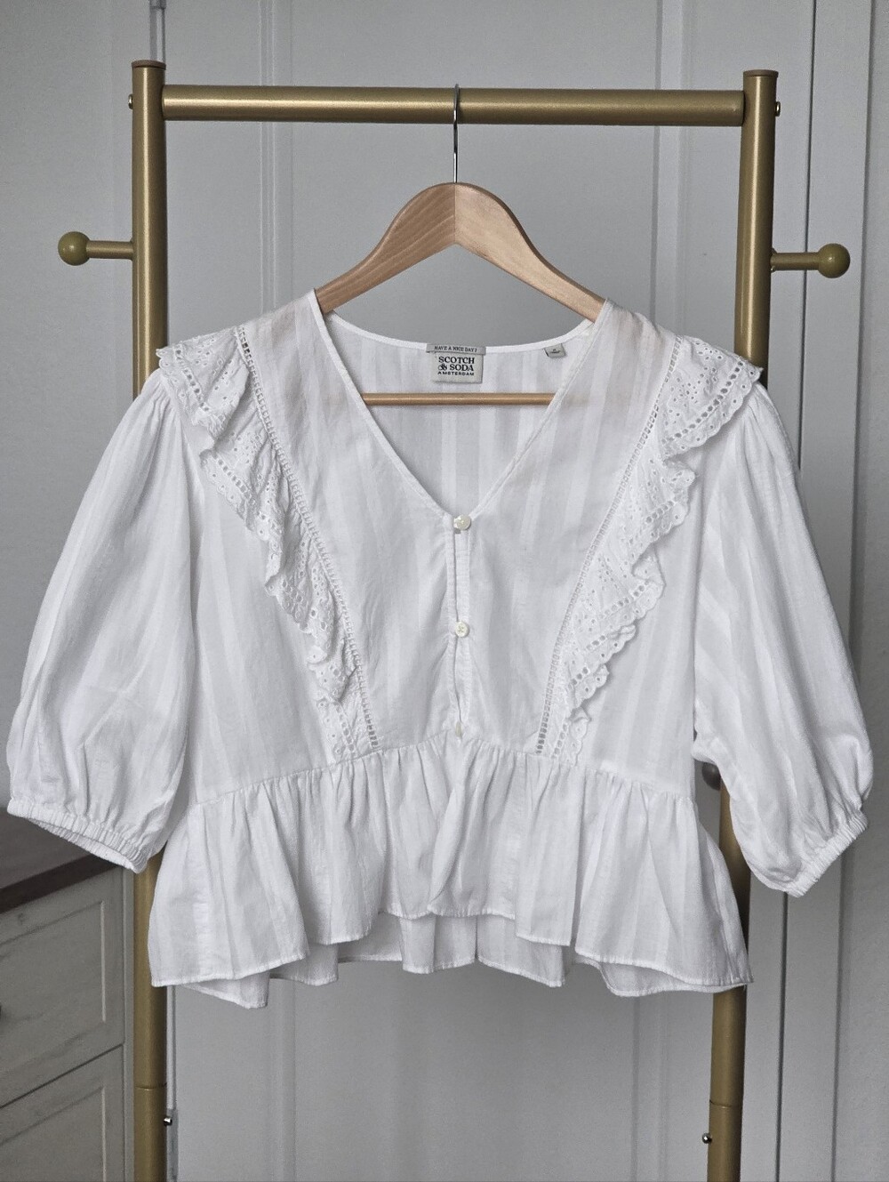 Scotch & Soda Baloon Sleeves, Small, V Neck Puffed Sleeve Textured Blouse, White
